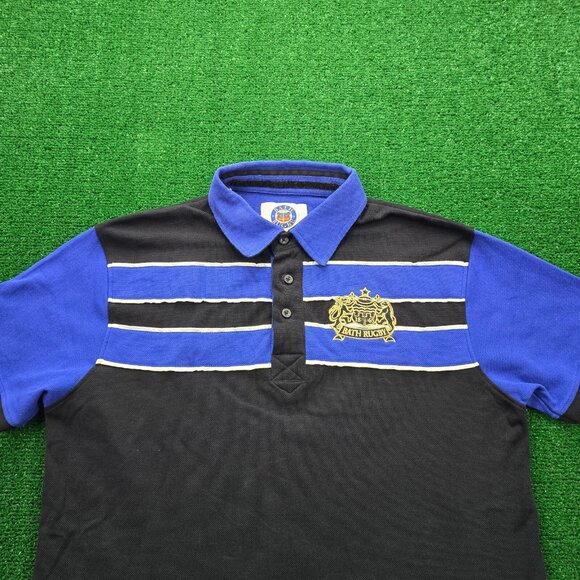 Bath Rugby Polo Shirt Mens Medium Black Blue‎ Short Sleeve Striped 1865 Crest - Picture 2 of 11